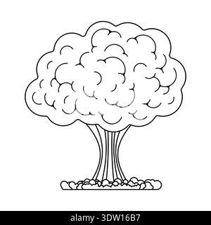 Minimalist nuclear mushroom cloud explosion. Concept of atomic energy, war, and global catastrophe. Black and white line art vector illustration isola Stock Vector