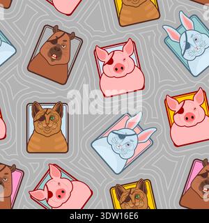 Seamless pattern with cute animal portraits in frames on grey background with spirals. Character illustrations of pigs, rabbits and capybaras. Folk ar Stock Vector