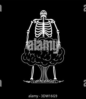 Human skeleton shaped like a nuclear mushroom cloud. Concept of war, destruction, and global catastrophe. White silhouette vector illustration on blac Stock Vector