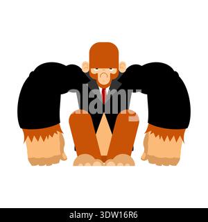 Funny chimpanzee character wearing a black business suit and red tie. Concept of corporate life, smart animals and monkey business. Flat vector illust Stock Vector