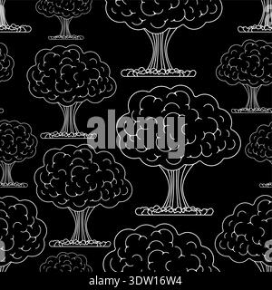pattern with white nuclear mushroom clouds on black background. Concept of war, destruction and military catastrophe Stock Vector