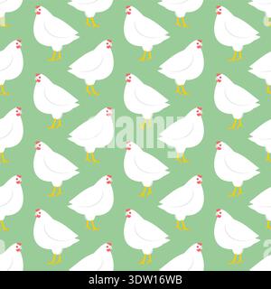 pattern with white hens on mint green background. Minimalist farm animal wallpaper for kitchen and textile. Flat vector illustration. Stock Vector
