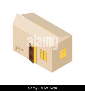Simple cardboard box house. Concept of affordable housing, social support, and free shelter for homeless. Minimalist isometric vector illustration iso Stock Vector