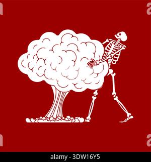 White silhouette of a skeleton standing next to a nuclear mushroom cloud explosion. Concept of war, death and apocalypse. Flat vector illustration on Stock Vector