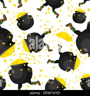 pattern with funny  pots of gold running on legs. St. Patrick's Day and wealth concept background Stock Vector