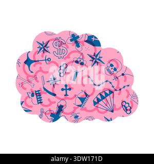 Human brain in tattoos on pink background. Creative anatomical art and symbolic illustration of mindset, memory and psychology. Flat vector isolated. Stock Vector