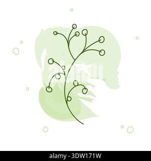 Vector illustration of a graceful plant with fine lines and green circles. Modern organic element with a soft watercolor splash for eco-branding Stock Vector