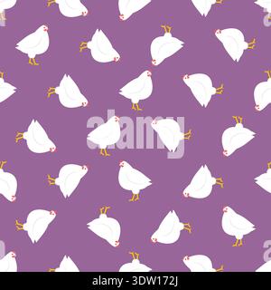 Seamless pattern with white hens on vibrant purple background. Minimalist farm animal wallpaper for kitchen, textile and gift wrap. Flat vector illust Stock Vector