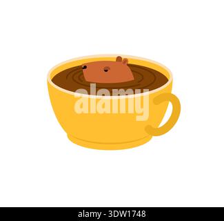 Cute capybara relaxing in a yellow coffee cup filled with dark liquid. Funny morning coffee and spa concept. Flat vector illustration isolated on whit Stock Vector