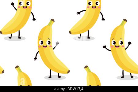 Seamless pattern with cute kawaii yellow banana characters vector Stock Vector