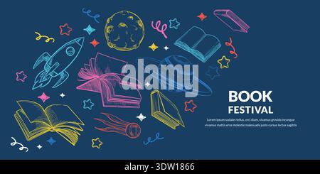 Flying books, rocket, planet, stars in cosmos space. Vector hand drawn sketch illustration. Book festival or bookstore colorful banner poster design t Stock Vector