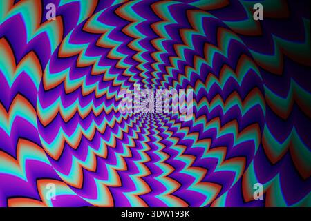 Colorful psychedelic spiral vortex with zigzag waves in neon purple, teal, orange and black, creating an optical illusion motion effect and abstract h Stock Photo
