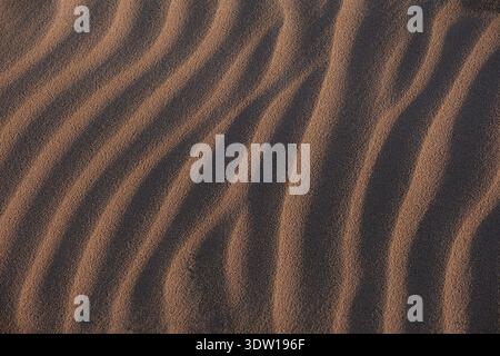 Close-up of rhythmic sand waves created by wind in the desert. Textured abstract background with deep shadows and soft lighting. A minimalistic natura Stock Photo