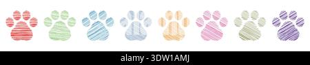 Hand drawn or scribble dog and cat pet footprint symbol set with various color vector illustration Stock Vector