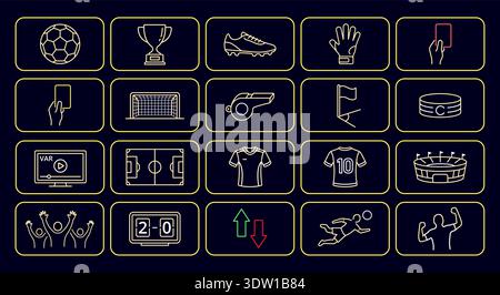 Set of twenty high-quality neon style football icons on a dark background including soccer ball, trophy, whistle, VAR screen and player silhouettes Stock Vector