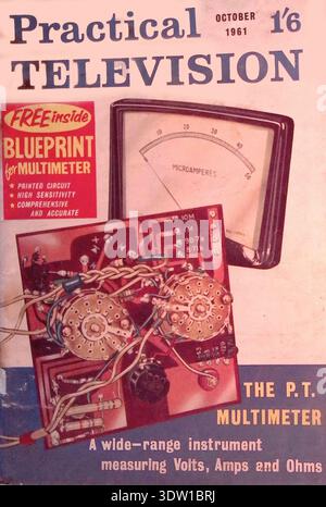 October 1961 cover of Practical Television magazine, featuring a DIY multimeter project. The graphic displays an analog microammeter scale alongside an intricate printed circuit board with rotary switches and resistors. This era marked a transition for hobbyists from point-to-point wiring to modern PCB assembly. The publication highlights the "P.T. Multimeter," a high-sensitivity instrument for measuring volts, amps, and ohms, reflecting the booming post-war interest in home electronics. Stock Photo