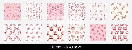 Seamless cherry pattern set with pink bows and hearts. Cute coquette design perfect for girly Valentine fabrics, vintage prints, romantic gifts, and adorable spring textiles. Vector illustration Stock Vector