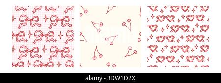 Coquette seamless pattern set featuring playful designs of bows, cherries, heart-shaped glasses, stars in soft pastel colors. Perfect for feminine, trendy, and whimsical designs on various products. Stock Vector