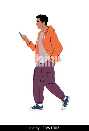 Young man in orange hoodie walking with smartphone Stock Vector