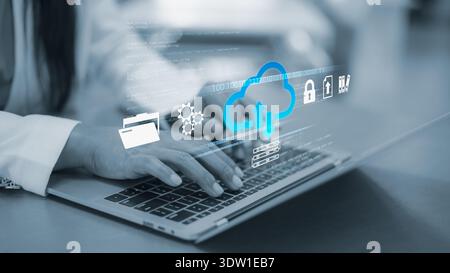 Data storage and digital security, laptop with hard drive and flash ...