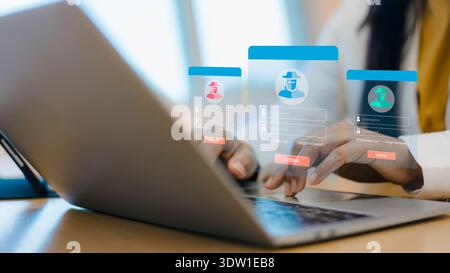 Close up of businesswoman hands using laptop with hacker login overlay. Cybersecurity concept, identity theft, unauthorized access and data privacy pr Stock Photo