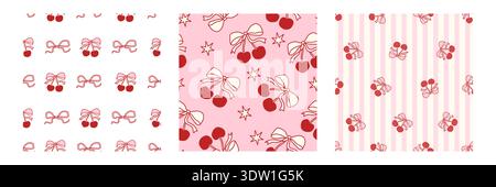 Coquette seamless pattern set with hand drawn bows and cherries, cute red line doodles on pink and striped backgrounds, girly romantic aesthetic, playful feminine design for wrapping, wallpaper Stock Vector