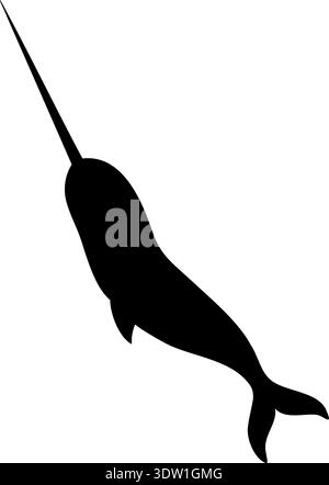Arctic Narwhal with long tusk vector illustration. Silhouette of sea animal painted by black inks on isolated background. Shadow of marine cetacean for ocean wildlife, tundra fauna themes. Stock Vector