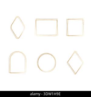 Collection of six unique frames features delicate golden watercolor lines. Stock Vector