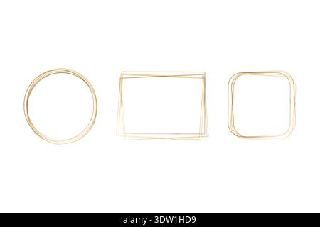 Three distinct hand-drawn frames feature a shimmering gold watercolor effect on a clean white background. Shapes include a circle, a rectangle, and a rounded square, perfect for design accents. Stock Vector