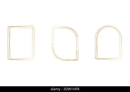 A collection of three uniquely styled golden watercolor frames. Each frame displays a delicate, hand-drawn look, ideal for borders or decorative elements on a clean white background. Stock Vector
