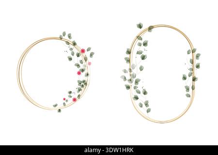 Two elegant watercolor frames display on a white background. A circular gold frame is adorned with delicate pink flowers and green leaves. Stock Vector
