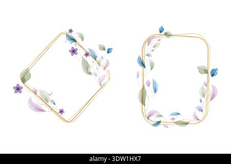 Two elegant watercolor frames feature delicate gold outlines. Adorned with soft green and blue leaves and small purple flowers, these botanical designs provide a gentle decorative border. Stock Vector