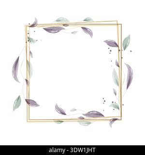 A square golden frame is adorned with delicate watercolor leaves. These leaves, in shades of green and purple, gently twine around the frame. Stock Vector