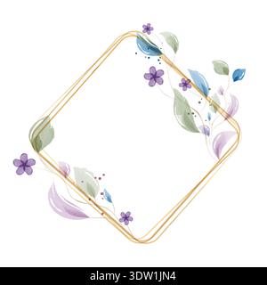 A watercolor frame features a shiny gold rhomboid shape. It is decorated with soft purple blossoms, various green and blue leaves, and small splatters, creating a natural and artistic border. Stock Vector