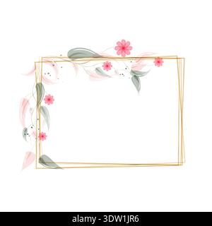 A beautiful rectangular frame of thin golden lines is decorated with charming watercolor elements. Stock Vector