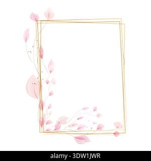 A lovely golden rectangular frame features delicate pink watercolor leaves. The soft, translucent foliage gracefully adorns the bottom and left edges, creating an elegant decorative border. Stock Vector