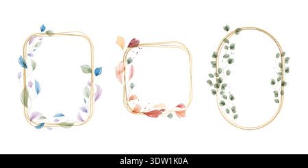Three distinct gold frames adorned with delicate watercolor botanical elements. One features blue, purple, and green leaves. Another displays pink, orange, and gray foliage. Stock Vector