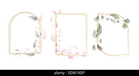 Three exquisite golden geometric frames are showcased, each adorned with soft watercolor botanical elements. Stock Vector