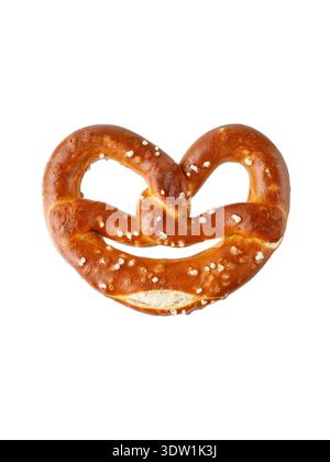 Traditional baked bavarian salty  pretzel isolated on white background. German lye pastry bread. Top view. Stock Photo