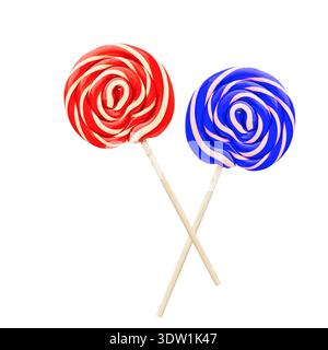Colorful two spiral red and blue lollipops flying isolated on white background Stock Photo