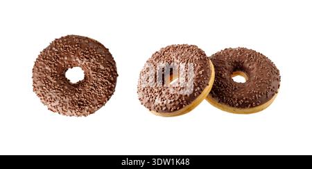 Dark chocolate glazed donut with  crumbs and creme filled flying. Three sweet doughnuts closeup isolated on white background. Stock Photo
