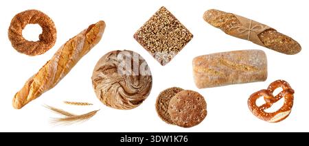 Fresh baked bread with various sorts isolated on white background. Rye wheat loaf of bread, turkish bagel, french baguette, german pretzel, scandinavi Stock Photo