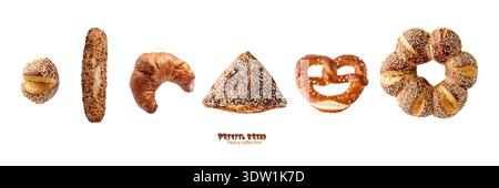 Pretzel bread. Different lye rolls and buns. Pastry set isolated on white background with copy space Stock Photo