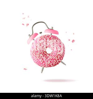 Time for snack dessert. Sweet pink coated glazed donut as alarm clock flying with crumbs and sprinkles isolated on white background. Pastry shop card. Stock Photo