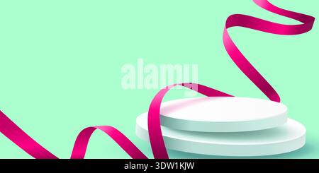 Stylish blank display podium with elegant pink ribbon on a mint green background, perfect for product showcasing. Vector illustration Stock Vector