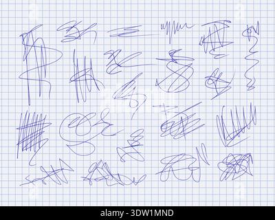Abstract blue pen scribbles and doodles on graph paper background. Chaotic hand-drawn lines, sketches and messy strokes. Concept of creativity, brainstorming, notes, education, design texture. Stock Vector