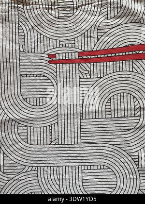 Creative seamless print on natural cotton showing red hashi (chopsticks) playfully integrated into a modern maze-like line art pattern. Stock Photo
