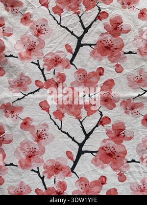 Japanese sakura cherry blossom cotton fabric texture – pink flowers on textured white background Stock Photo