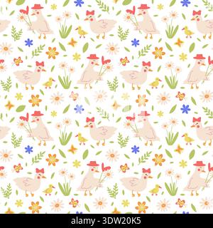 Cute Easter pattern with cartoon ducks and a duckling on a spring flower background on a white background. Festive geese for childrens textiles. Stock Vector