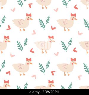Cute seamless pattern of a pink duck with a bow and hearts for baby fabric design. Charming illustrations of spring animals for Easter cards, childrens textiles, and wallpapers. Stock Vector